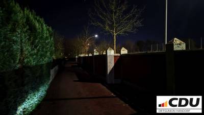 Hier der Bereich der Lärmschutzwand. Der Boden ist kaum zu erkennen, die Bäume im oberen Bereich werden durch das Flutlicht des Sportplatzes (von den weit entfernten hinteren Kunstrasenfeldern) bestrahlt.